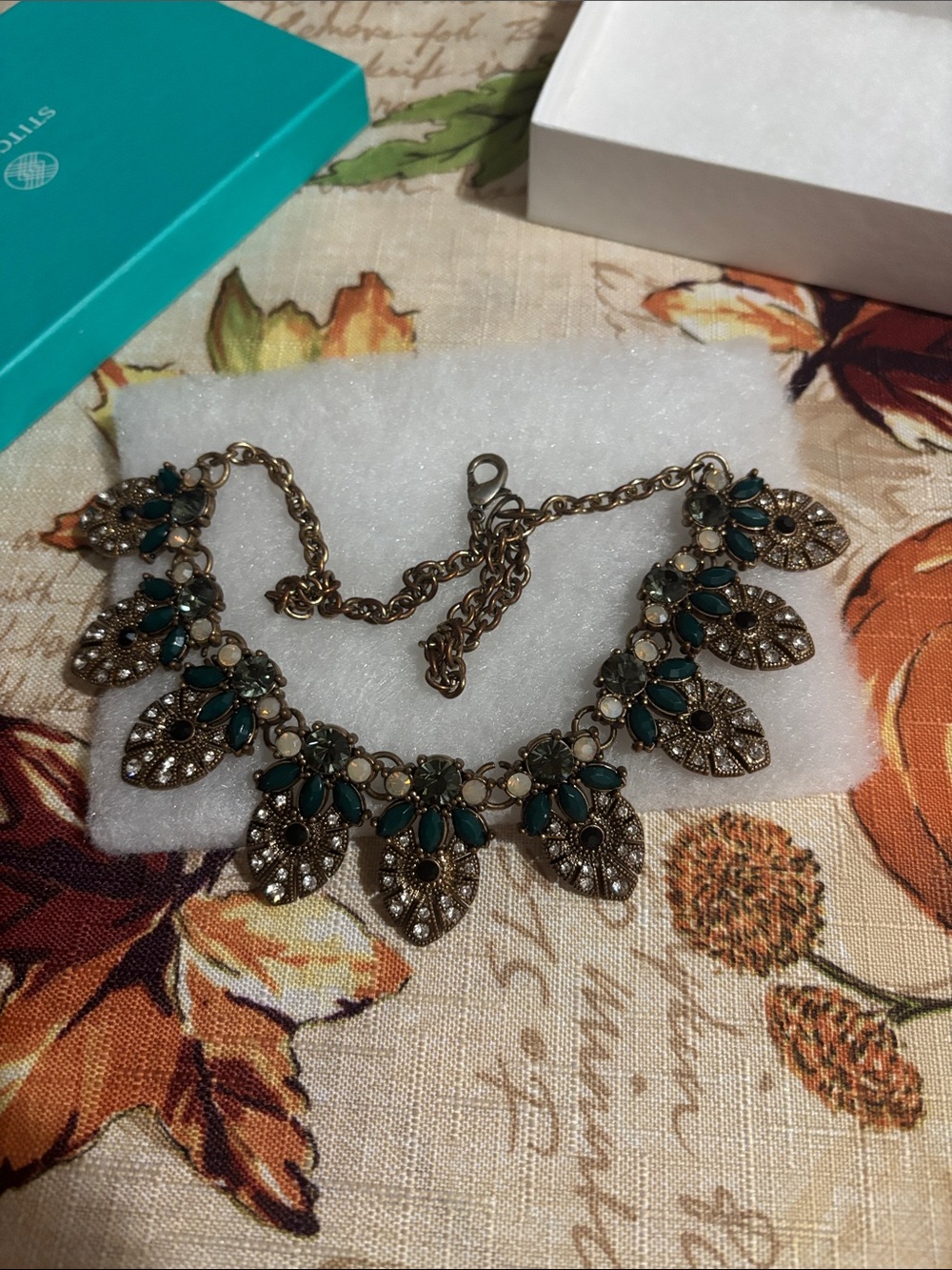 Ovi Teal and Gold Leaf Statement Necklace